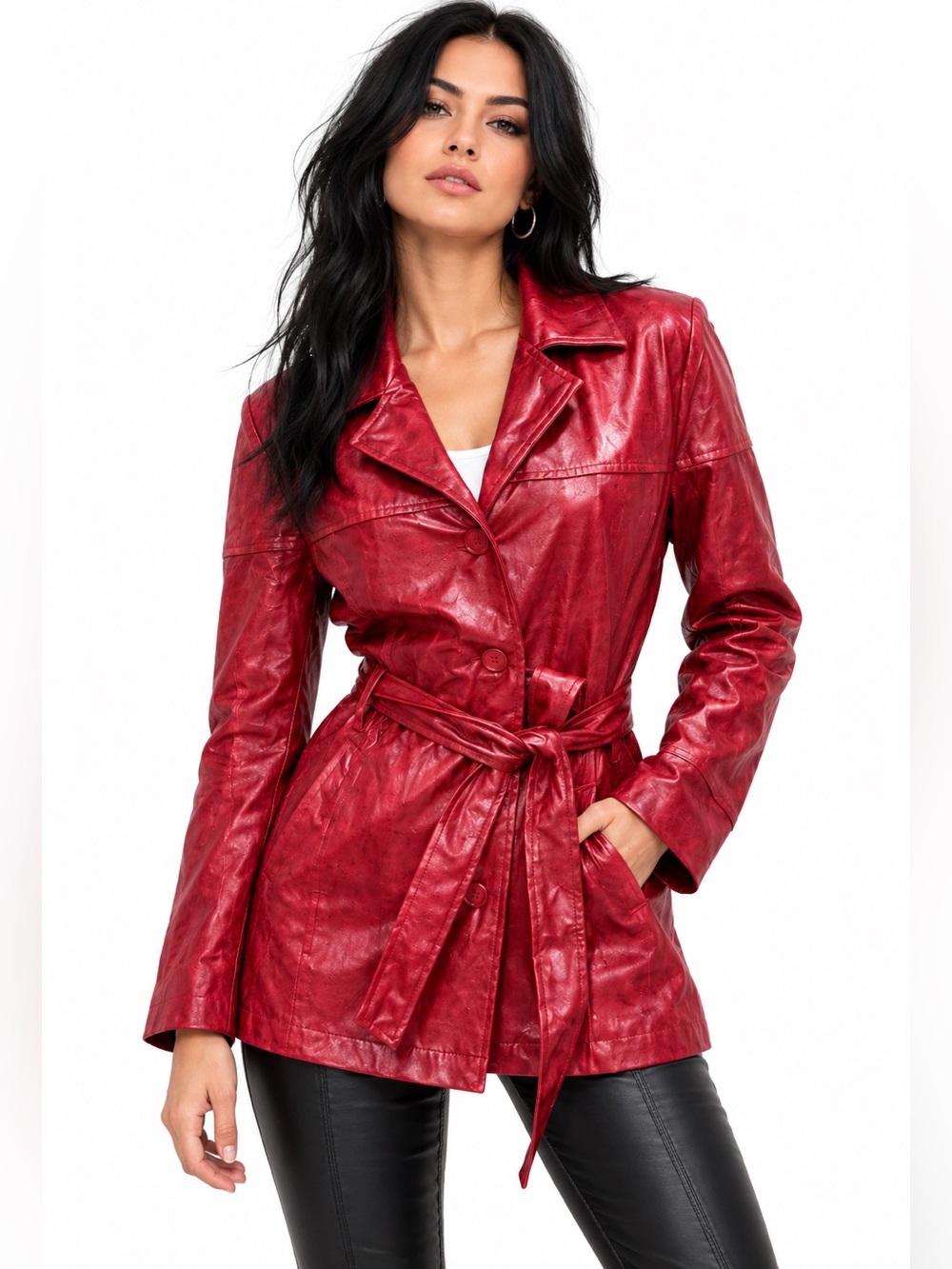 Outer Edge Red Faux Leather Belted Trench Jacket Edgy Moto